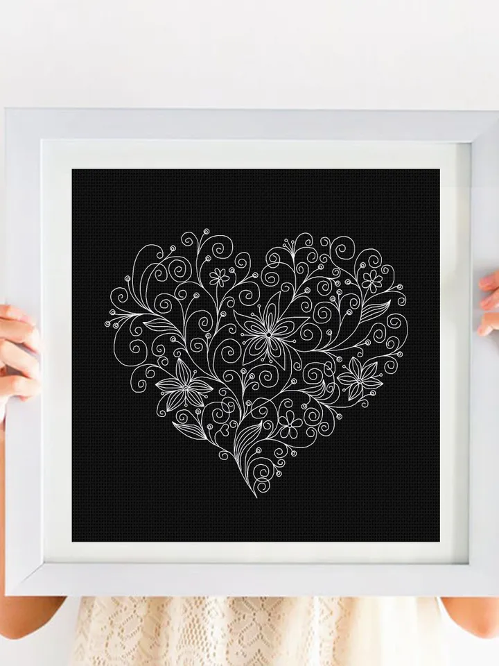 Floral heart blackwork pattern PDF download Flower heart embroidery, Backstitch chart Heart ornament, Floral curls Blackwork embroidery #W25