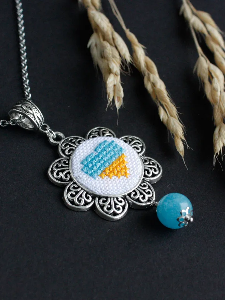 Folk Ukraine flag necklace pendant Blue yellow Ukrainian jewelry Ukraine souvenir for her Ethnic handmade necklace Dainty chain pendant