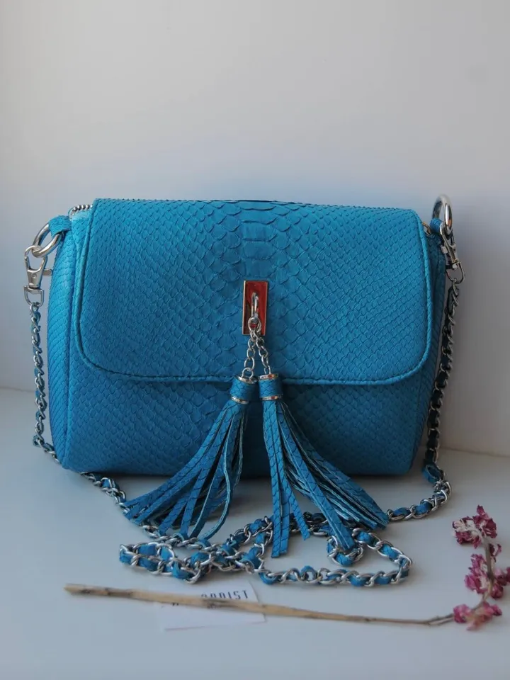 Genuine python skin crossbody turquise tassel womens bag / exotic leather bags / designer leather handmade purse / chain shoulder bag