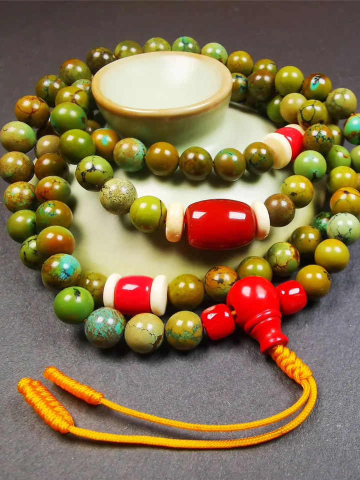 Gandhanra Old 108 Turquoise Beads Mala,Tibetan Prayer Beads for Meditation,Diameter 0.28", Circumference 32 inches