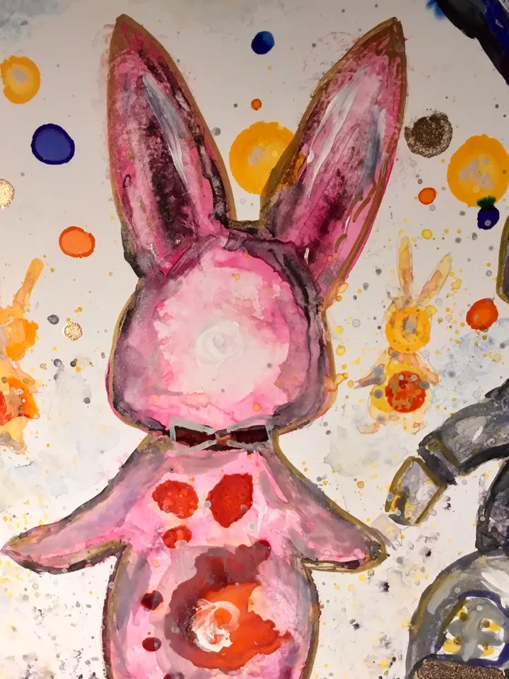 Cosmic bunnies original watercolour and alcohol inks mix media painting on yupo paper,colourful rabbits wall decoration,unique gift.