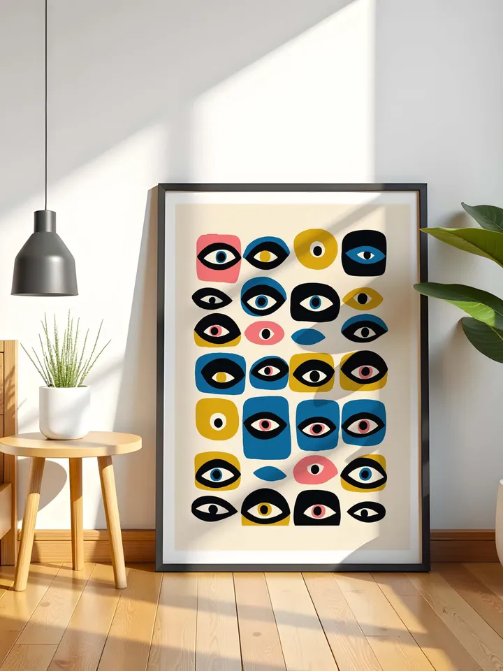 Colorful Eye Wall Poster, Whimsical Abstract Eye Art, Retro Grid Design, Mid Century Digital Print, Home Decor, Instant Download, crayz eyes