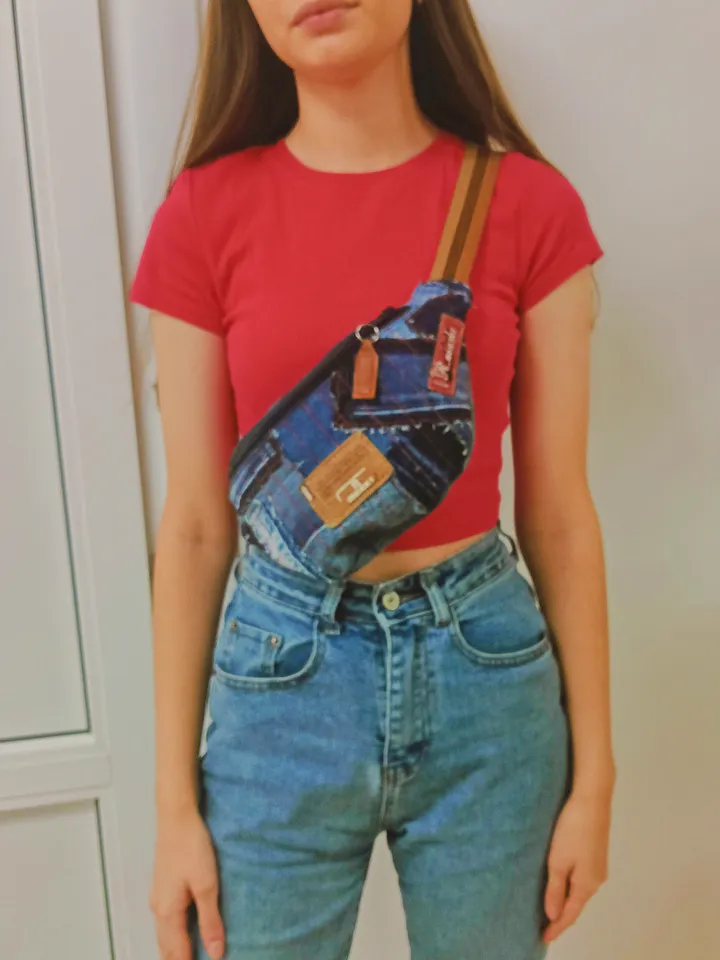 Small comfortable sling bag, handmade fanny pack, denim quilted belt bag of unusual design.