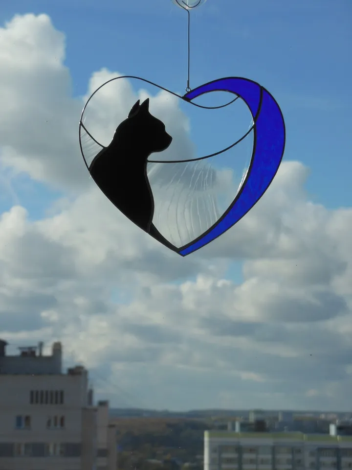 Black Cat in Blue Heart . Art stained glass window hanging Suncatcher . Gift for animal lover , pet loss memorial