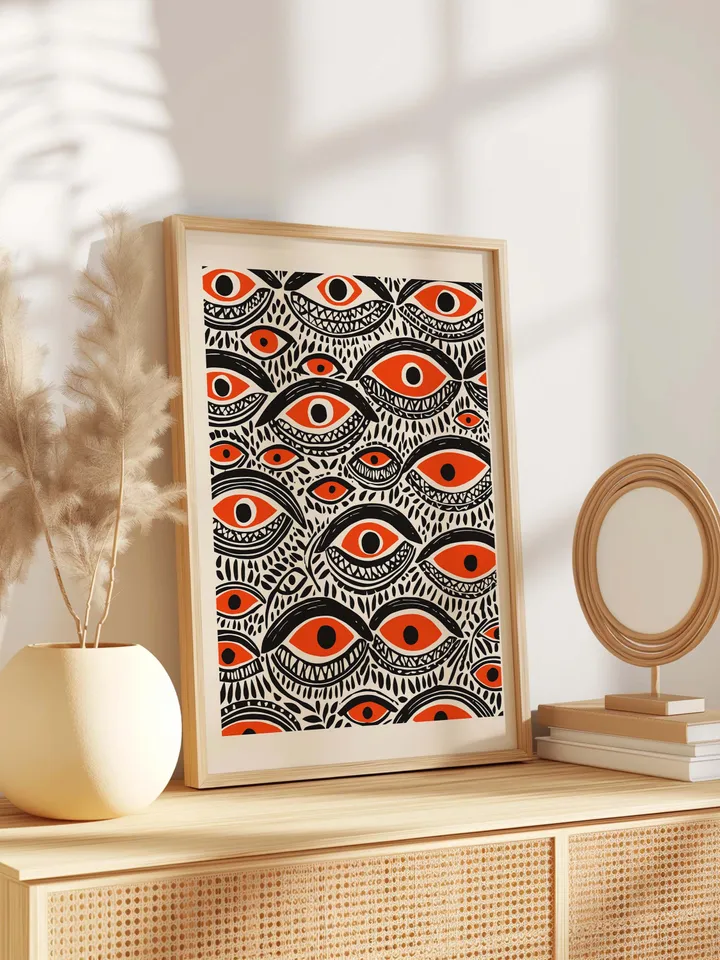 Bold Eye Wall Art, Psychedelic Eye Poster, Tribal Orange, Black Digital Print, Surreal Eye Illustration, Instant Download, crazy eyes art