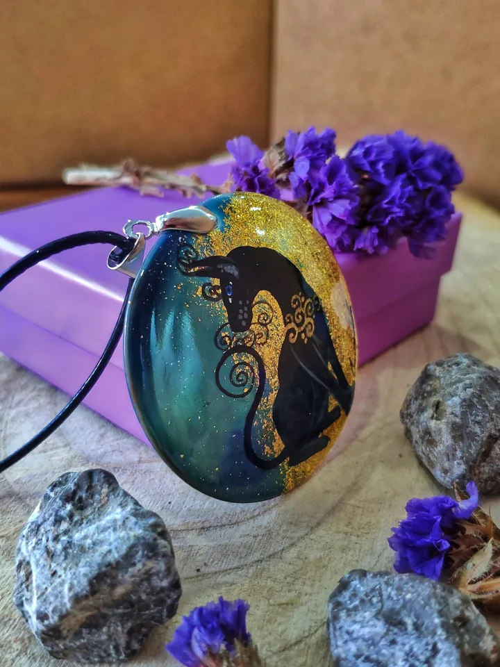 Pearl pendant necklace: Sphunx the black cat painted on handmade pendant • Aesthetic necklace for fall season • graceful cat lover gift