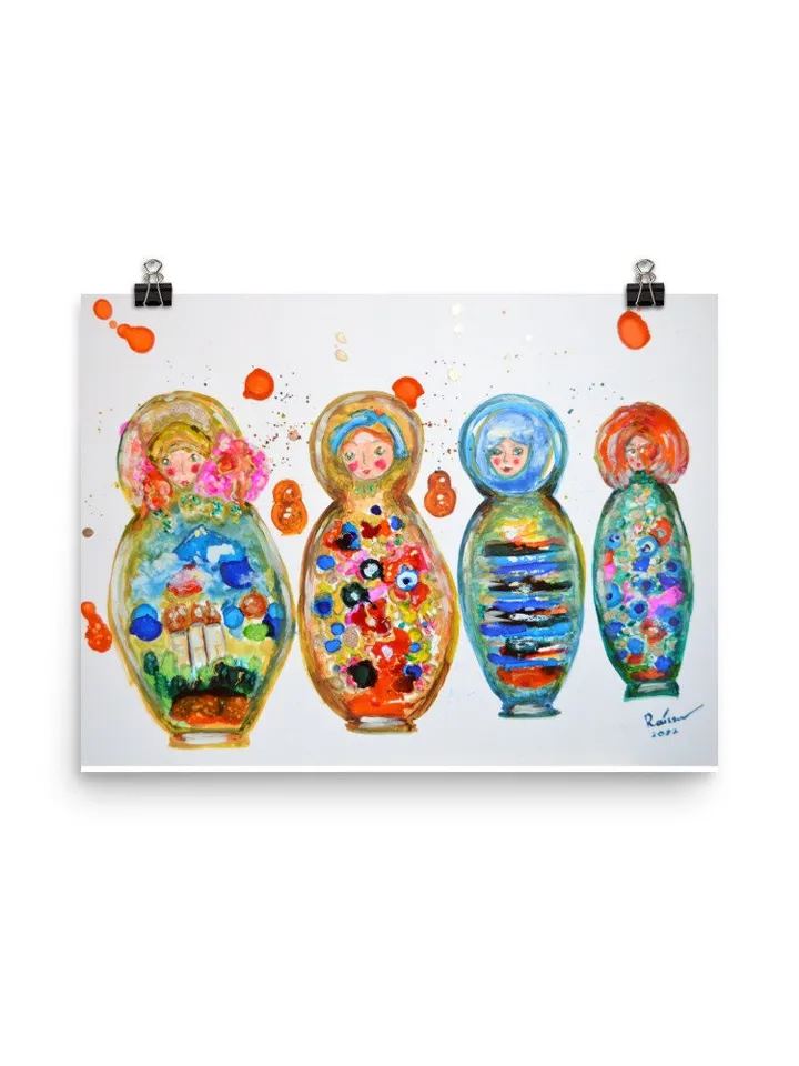 Russian dolls Poster, colourful poster made from my original mix media painting on yupo paper,dolls painting wall decoration