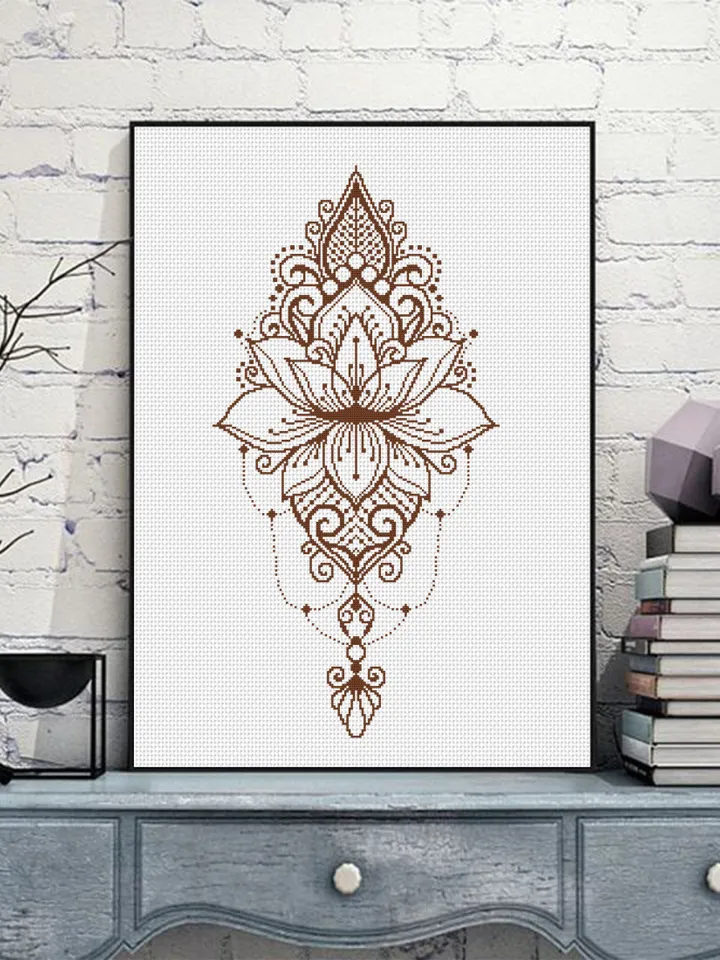 Lotus mandala cross stitch pattern download PDF, Monochrome mandala pattern digital PDF, Lotus flower cross stitch chart, Home decor #M99