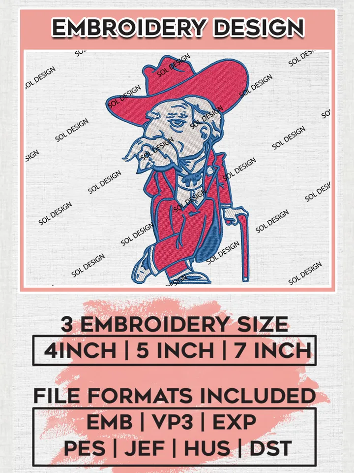 NCAA Ole Miss Rebels Team Mascot Logo Embroidery Design Files, NCAA Ole Miss Rebels Machine Embroidery, NCAA Teams, 3 sizes, NCAA Machine embroidery designs, Digital Download