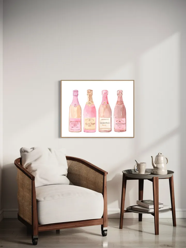 Bar Cart, Pink Champagne Bottle Watercolor Painting Print, Art Bar Cart Print, Pink Champagne Print, Drink Wall Art, Champagne Lover Gift