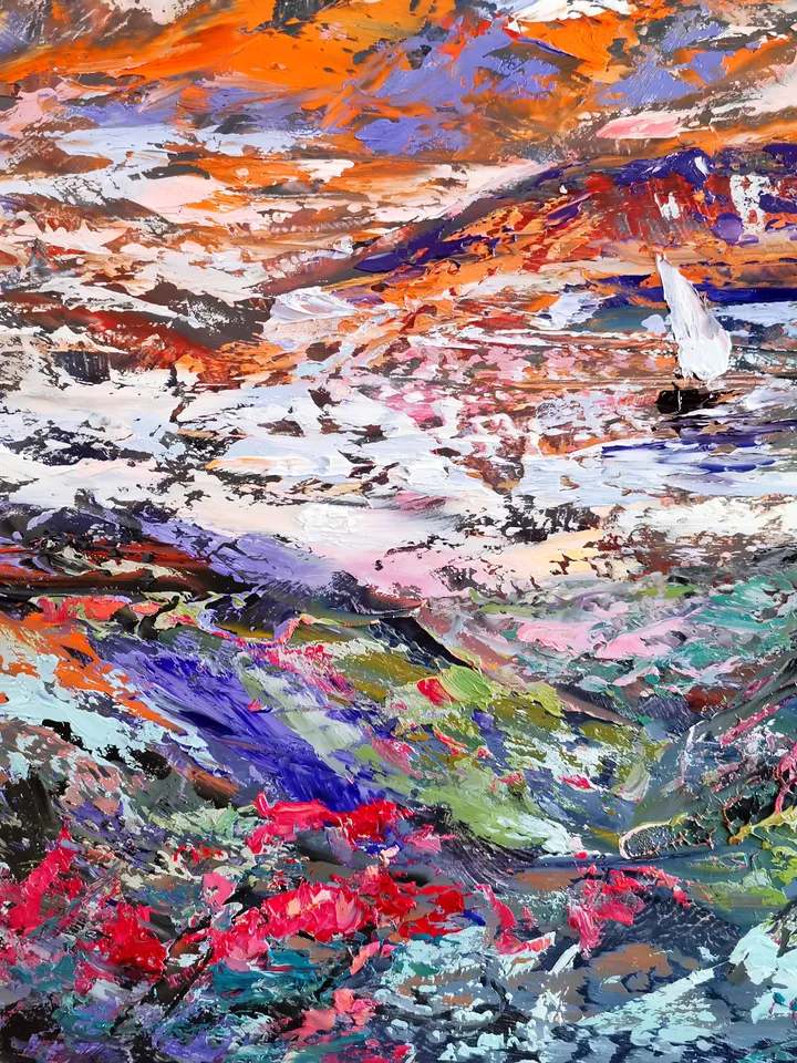 Sailboat Mountain Flowers Sunset Original Art Oil Painting Artist Svinar Oksana