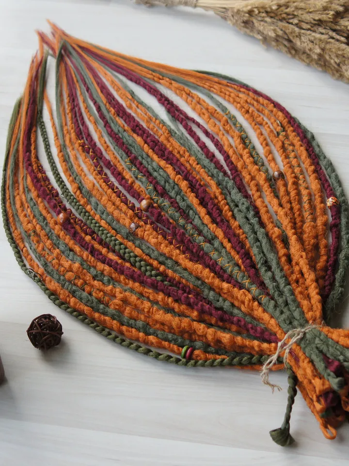 Bohemian Ginger Dreadlocks Earthy Red Green Faux Locs with Bead Thread Details Single or Double Ended Handmade Boho Hair Extensions