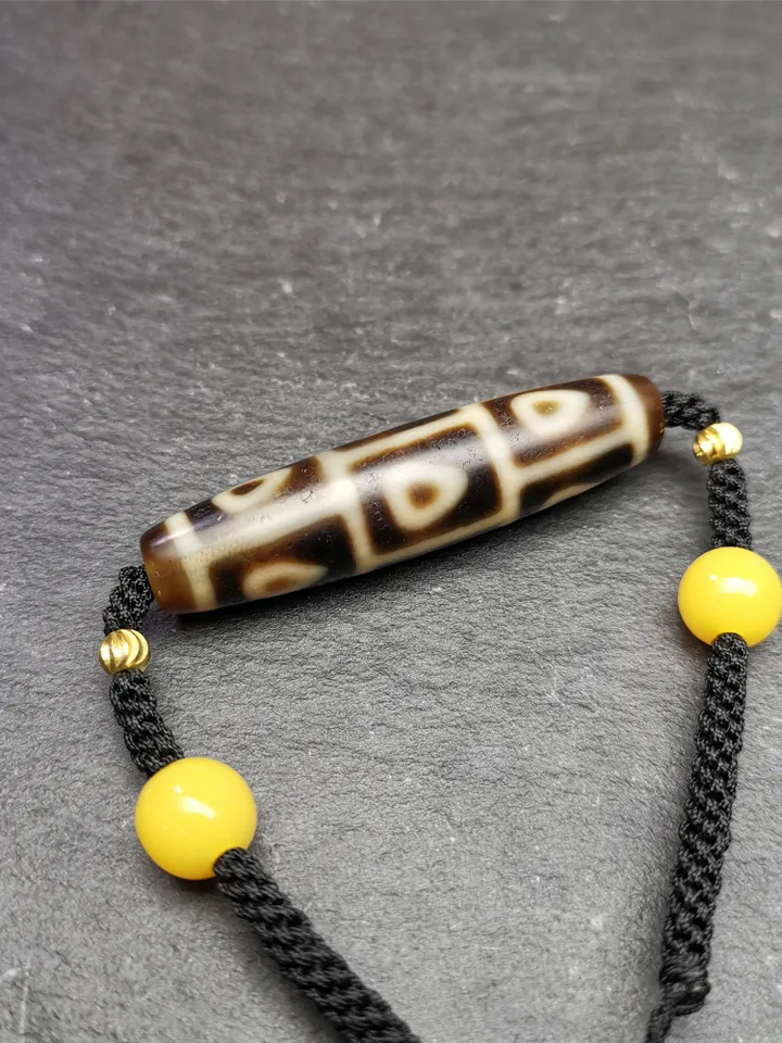 Gandhanra Antique Tibetan 9 Eyes Bodhi Dzi Bead Necklace, 2.13&quot; x 0.51&quot;, 30 Years Old