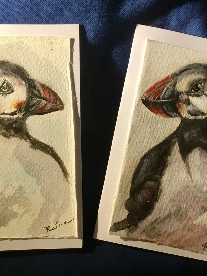 Puffins greeting cards,handpainted watercolour cards,original watercolour paintings,unique handmade gifts,small birds watercolor paintings .