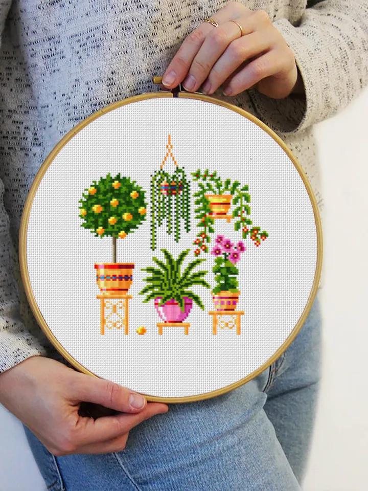 Potted plants cross stitch pattern download PDF Floral cross stitch sampler, Small house plant embroidery PDF, Garden cross stitch chart #P1