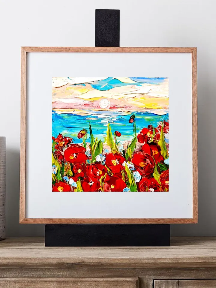 Point Reyes Painting Red Poppies Fields Impasto Art California Seascape Christmas Gifts Original Artwork Travel Gifts by ArtProkopaloSv