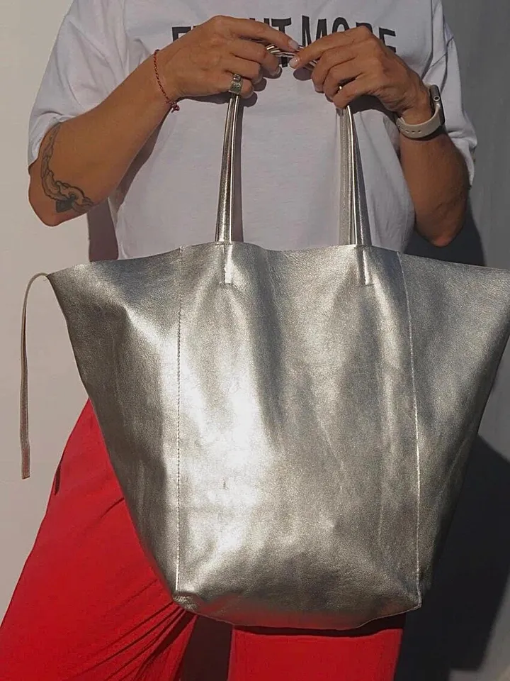 Genuine leather silver tote shopper big bag / everyday purse / handmade bags / designer bags / summer bag / gift for her