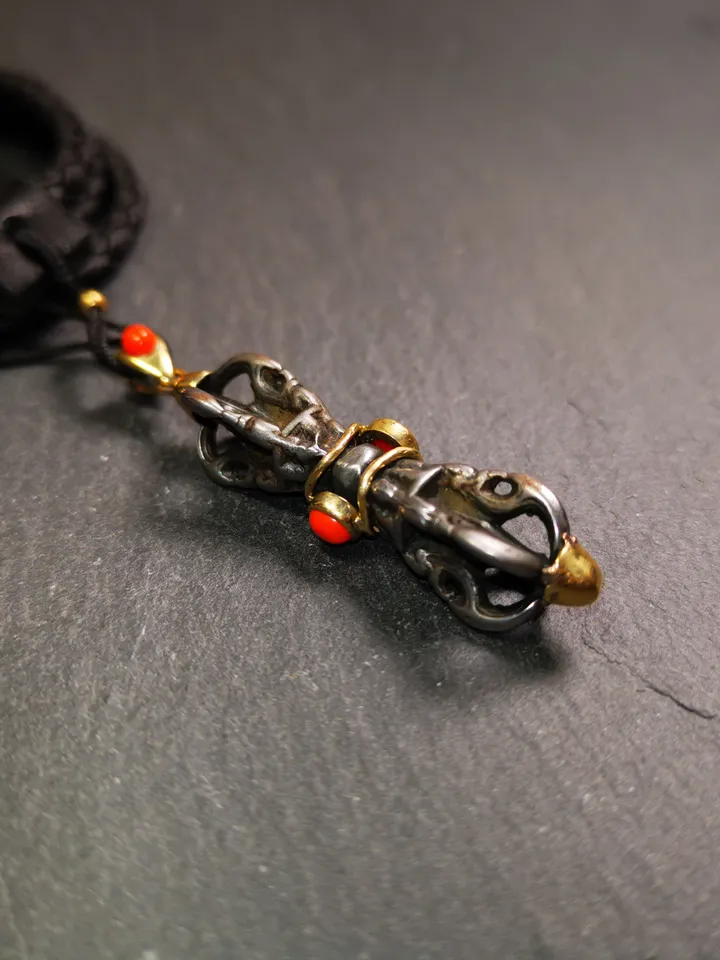 Gandhanra Tibetan Buddhist Amulet,Five-pronged Dorje Vajra Pendant with Leather Chord,Made of Cold Iron,1.77&quot;