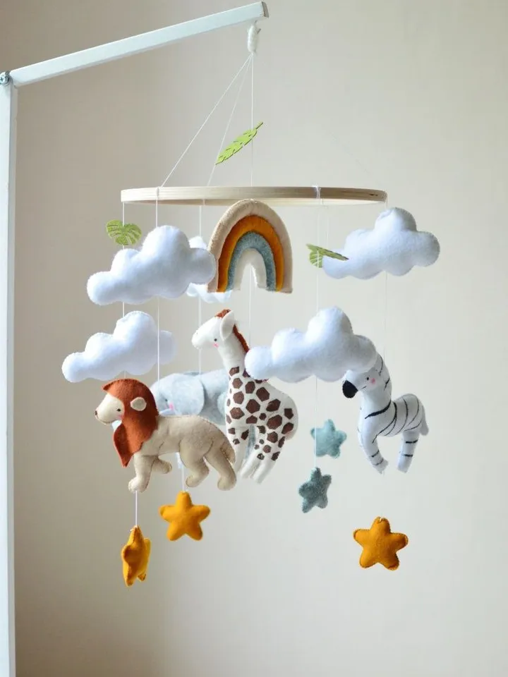 Hand sewn Safari baby mobile for nursery decor with Jungle animals