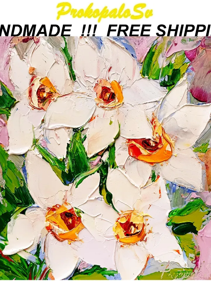 Daffodils Painting Impasto Original Art Flower Oil Painting Small Artwork Spring Flower Impressionist Art Gifts by ArtProkopaloSv