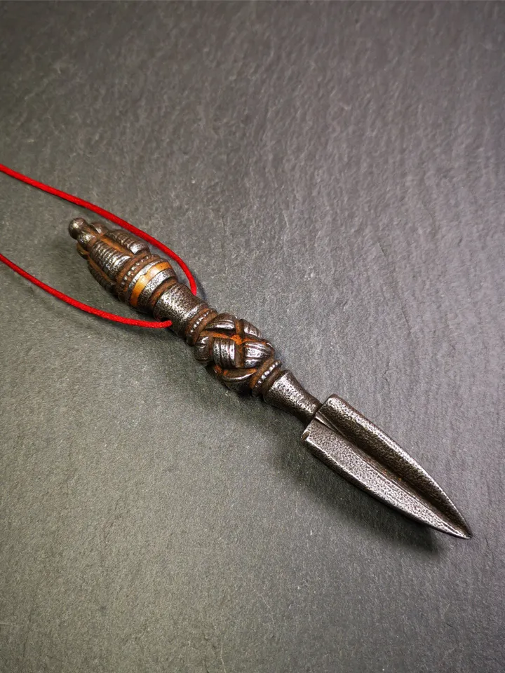 Gandhanra Handmade Tibetan Buddhist Ritual Implement - Kila -Dorje Phurba,Made of Cold Iron inlaid with Copper,5.1"