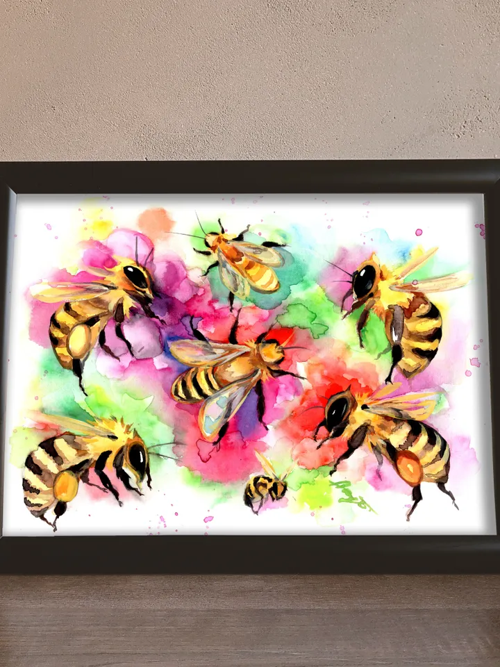 Bees original watercolour, bee painting, flowers wall decor, 8x11 in art for natura lovers by Anne Gorywine