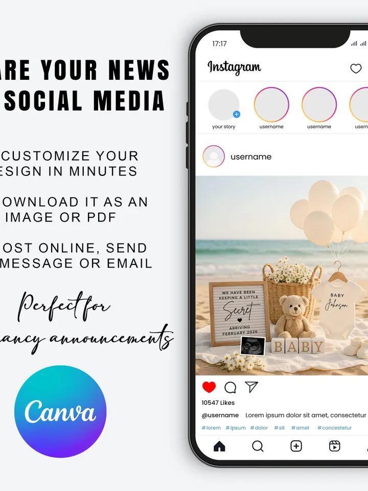 Summer Pregnancy Announcement Digital Baby Reveal for Social Media Editable Canva Template
