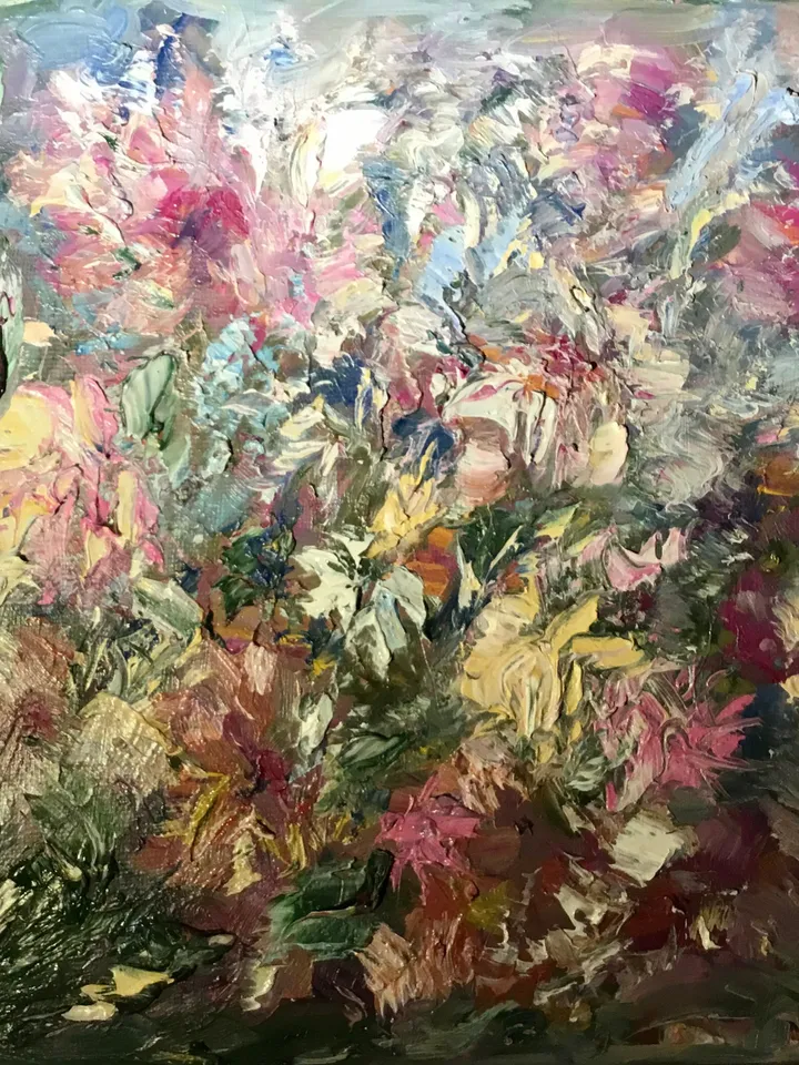 Semi - Abstract pink and yellow flower garden,original impressionistic oil painting on small canvas,unique art gift,home decoration