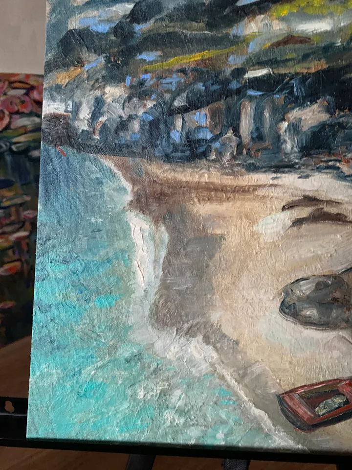 Seashore rocks sand boat texture oil painting