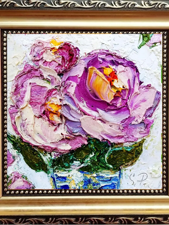 Peonies Painting Cornflower Original Art Impasto Oil Painting 4x4 Impasto Peonies Wall Art Floral Meadow Painting Field