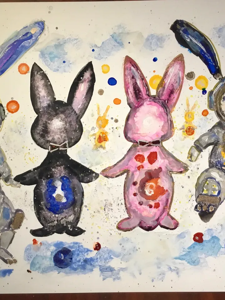 Cosmic bunnies original watercolour and alcohol inks  mix media painting on yupo paper,colourful rabbits wall decoration,unique gift.