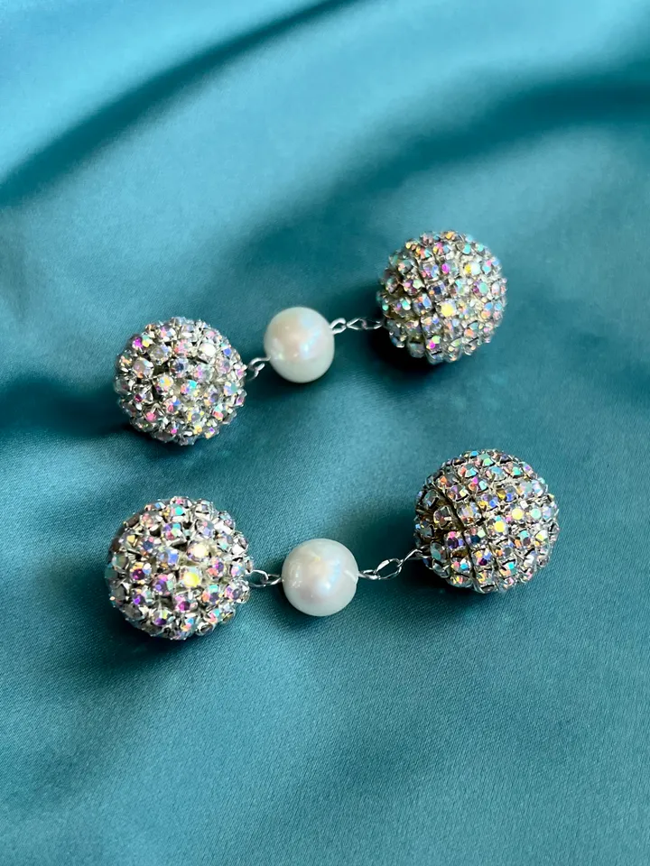 Crystal Balls and natural pearl on Chain Earrings