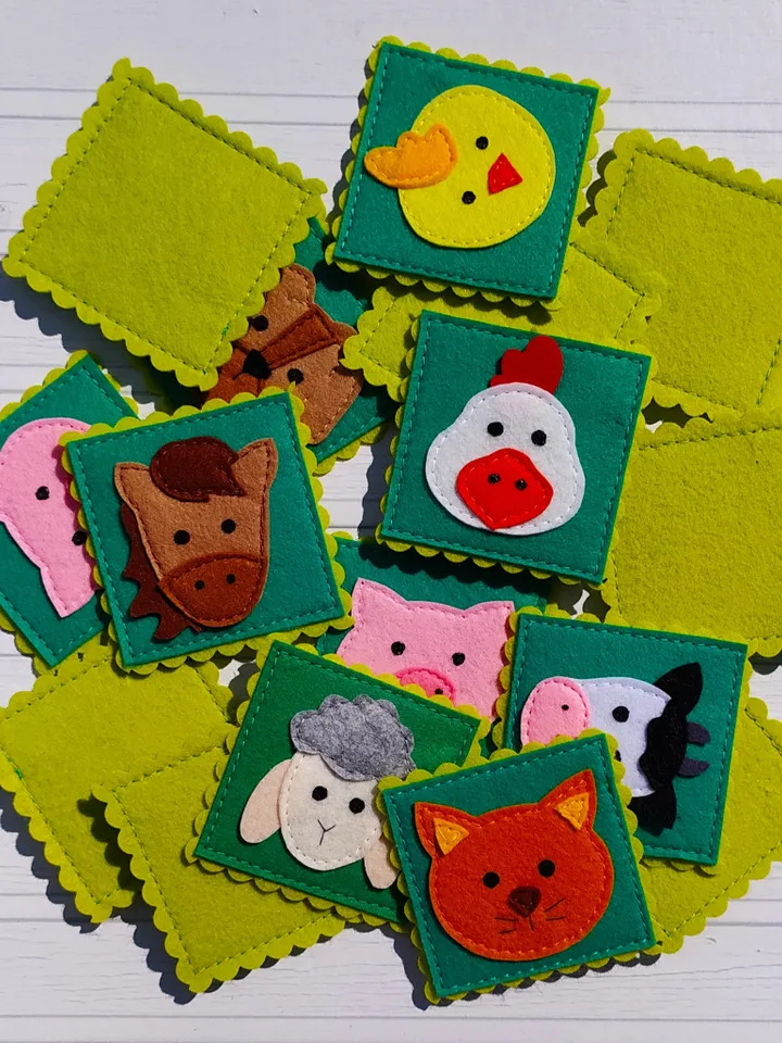 Felt memory game PDF Pattern, Farm animals Matching Cards, Educational toys for kids, Felt toy pattern, Travel Toys for toddlers