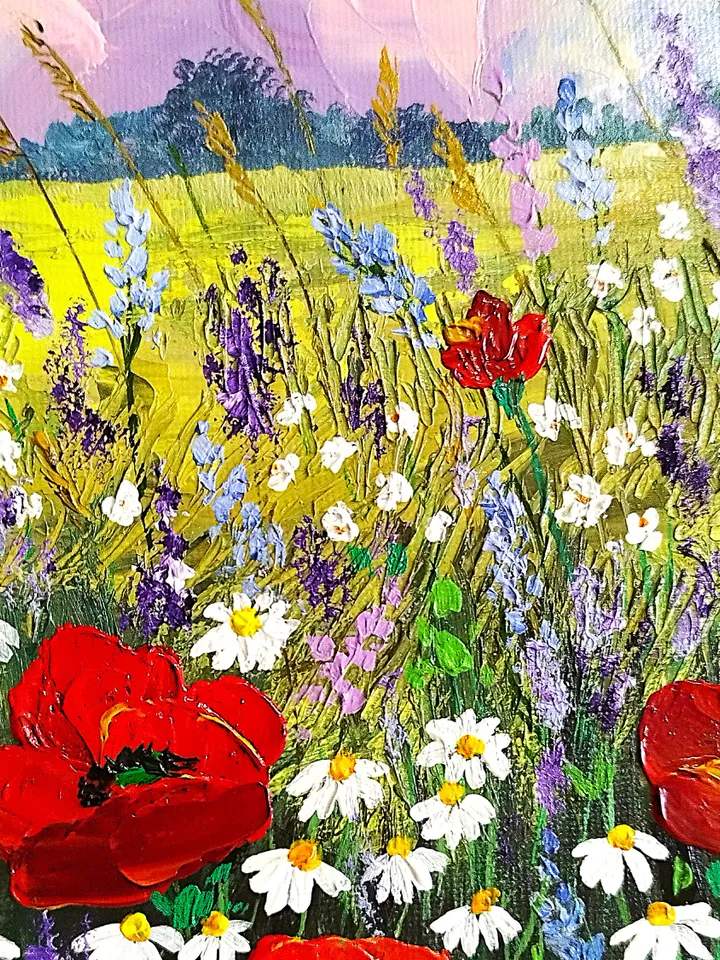 Wildflowers Textured Landscape Painting | Wall Art Decor