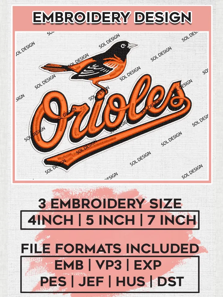 Baltimore Orioles MLB Logo Embroidery Files, MLB Baltimore Orioles Team Embroidery, MLB Teams, 3 sizes, MLB Machine embroidery designs, Digital Download