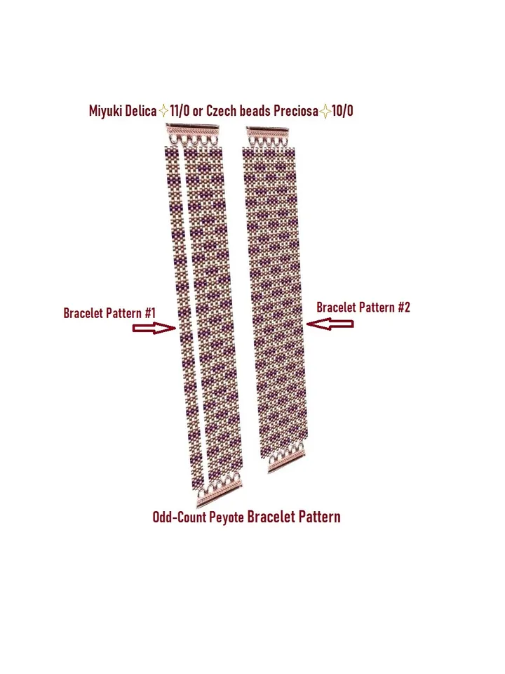 Double row bracelet patterns, Beadwoven Сuff bracelet Odd Count Peyote Stitch, Miyuki and Preciosa, Instant Download