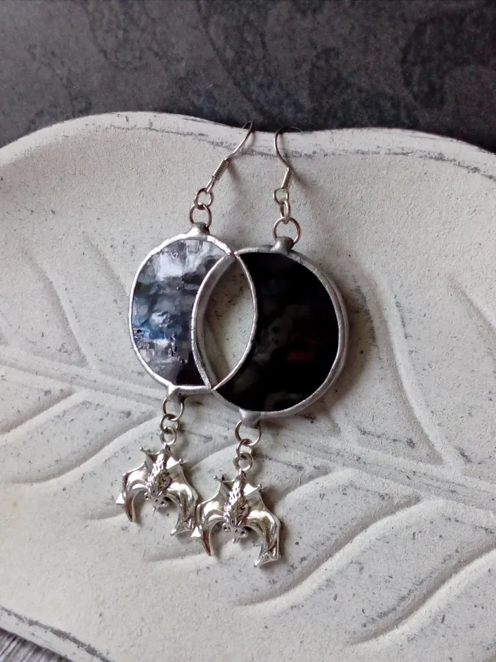 Glass crescent earrings, Bat earrings, Black crecsent, Witchy aesthetic, Witch earrings, Goth moon earrings, Halloween