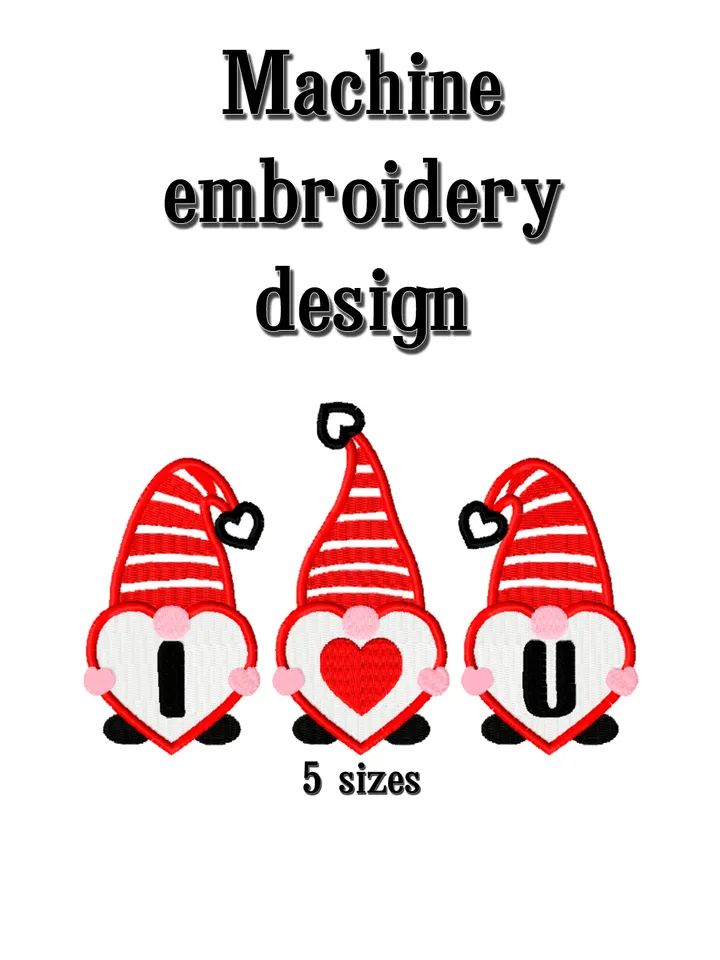 Valentine's Day gnome embroidery file. Heart embroidery design trendy. Digital download.