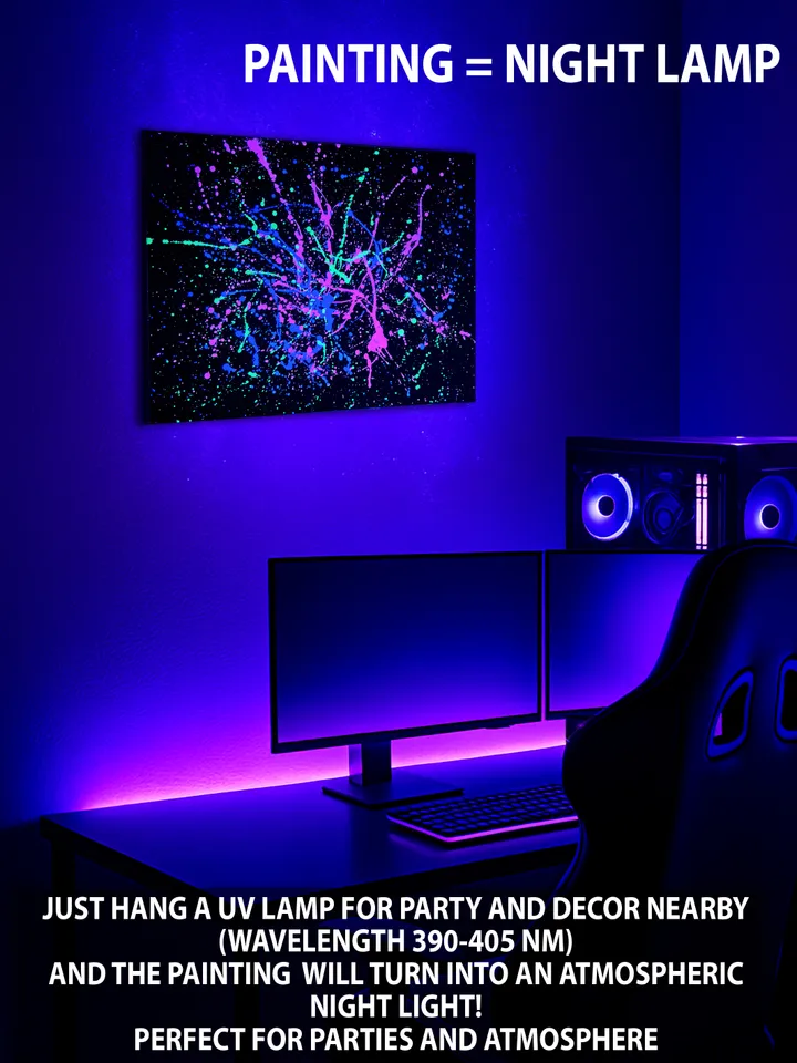 "Night Berlin" neon splash oil painting on canvas fluorescent art abstract art original black light painting