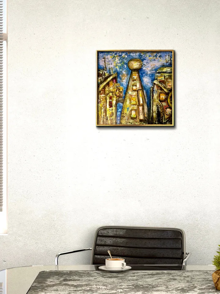 Sky town,original mix media painting on cardboard,collage and acrylic painting,fantasy cityscape,wall art.
