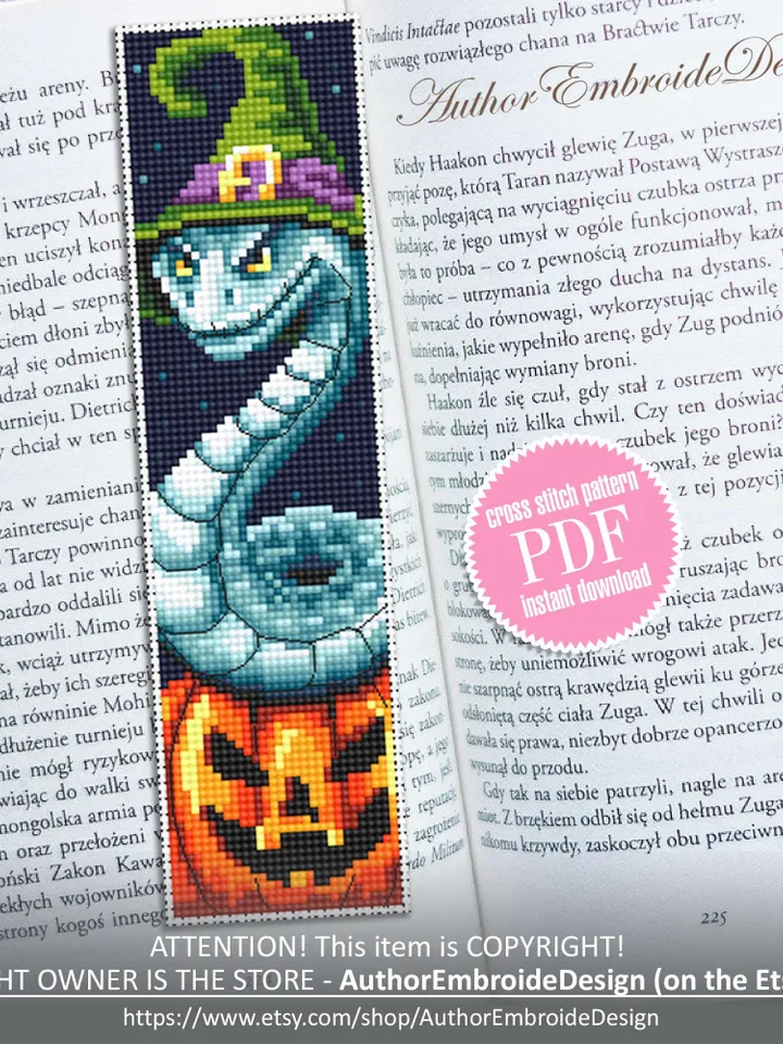 Halloween bookmark cross stitch pattern PDF download Snake witch cross stitch chart, Spooky bookmark pattern digital PDF, Pumpkin #B361