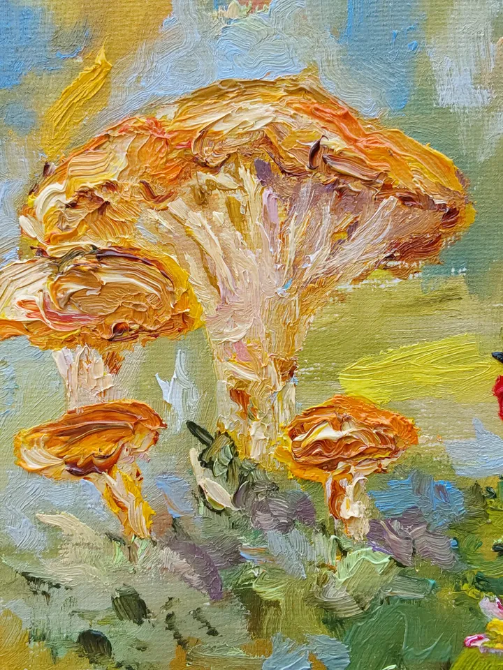 Oil painting on canvas 20x20cm (8x8 inches) "Chanterelles and strawberries"