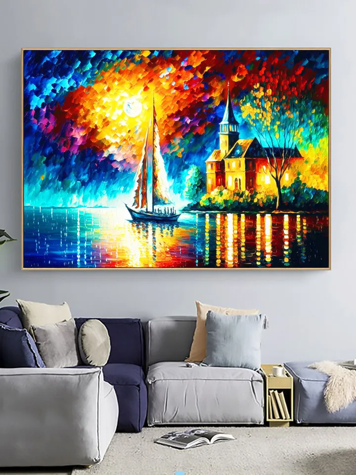 Original Colorful Lake View Oil Painting On Canvas, Abstract Boat Painting, Lakeside Buildings Art, Large Wall Art, Living room Wall Decor