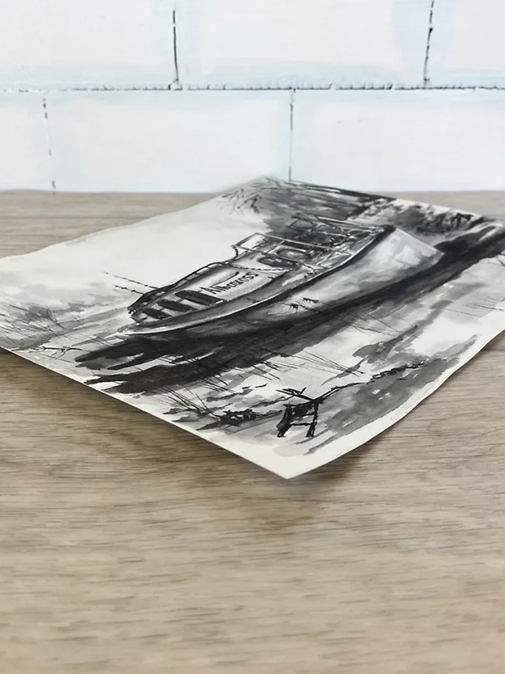 Boat painting Original watercolor painting B&W art Graphic painting Monochrome painting