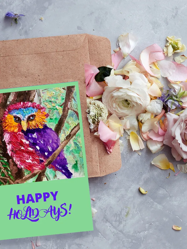 Owl greeting card, bird postcard, Digital download, Postable E-card, Happy Holiday greeting