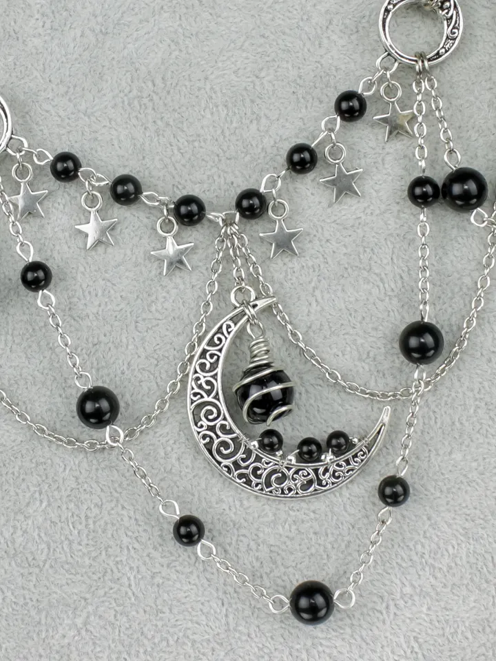 Star and moon necklace and earringsy | Boho Celestial Set | Obsidian Necklace | Vintage Moon Earrings | Unique Gift