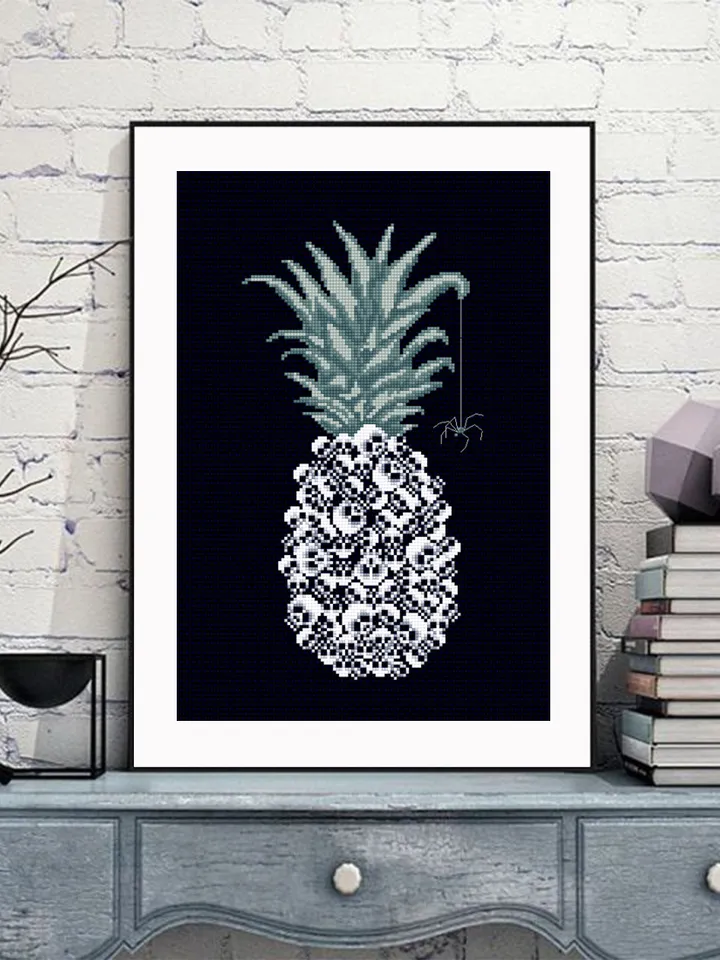 Pineapple skull cross stitch pattern download PDF Gothic cross stitch chart, Halloween skulls embroidery PDF Gothic halloween Skull art #H56