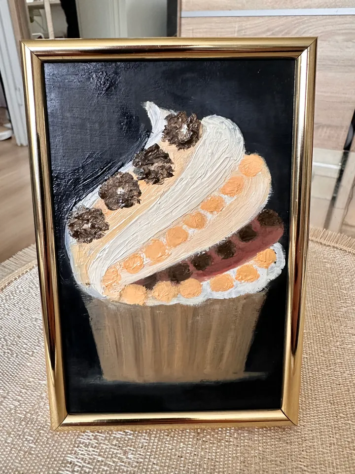 Oil Painting Cupcake Cake with Chocolate Balls Dessert Food Kitchen 15x10 cm 6x4 inch Cardboard Miniature Wall Decor Gift for Her