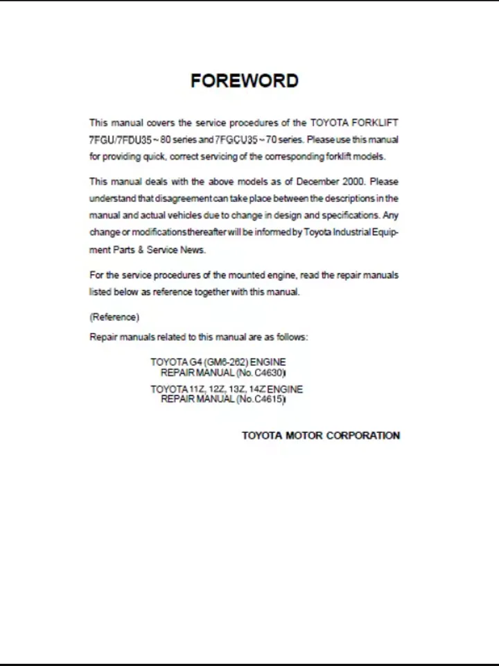 TOYOTA FORKLIFT 7FGU35 SERVICE REPAIR SHOP MANUAL
