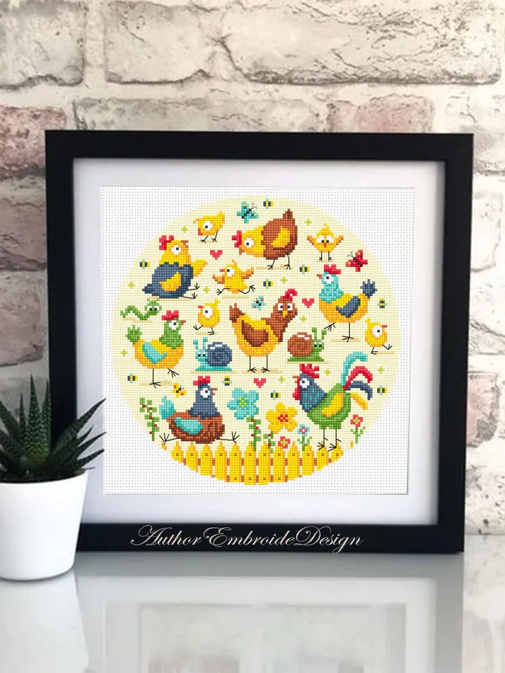 Chicken cross stitch pattern PDF download Funny bird cross stitch chart, Chicken pattern digital PDF, Farmhouse rooster and hen sampler #K62